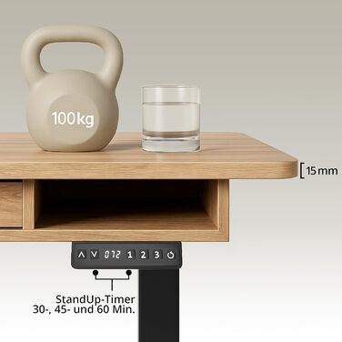 Робочий стіл у стилі Worktime 120x60 см Робочий стіл з електричним регулюванням висоти, функцією пам&39яті, зворотним відліком часу стоячи, USB-хабом, шухлядою та відділеннями для зберігання, дуб/чорний