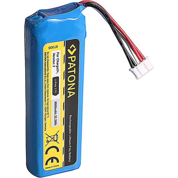 Акумулятор PATONA 6730, заміна для JBL GSP1029102R P763098 CS-JML310SL ємністю 6000 мАг, сумісний з JBL Charge 2, Charge 2 Plus та Charge 3 версії 2015 року.