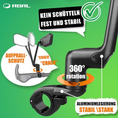 Дзеркало заднього виду для велосипеда RBRL зі справжнім склом ProVision, тримач дзеркала з алюмінієвого сплаву, ударостійке та міцне, поворотне на 360 та складне, для електровелосипедів, електросамокатів (ліве)