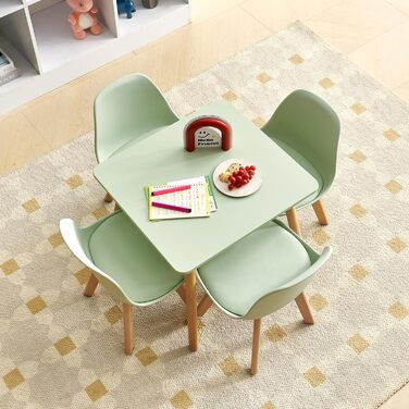 Дитячий стіл EGGREE з 2 стільцями, комплект дитячих сидінь, виготовлений з сертифікованого FSC масиву бука, протестований SGS, для дітей віком від 1 до 6 років, дитячі меблі для дитячих кімнат та дитячих садків, зелений, 3 предмети