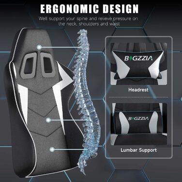 Геймерське крісло, ергономічне крісло з високою спинкою, шкіра синтетична, регульований підголівник та поперекова підтримка, кут нахилу 155, металевий каркас, плавно обертаються колеса, регулювання висоти, чорно-білий колір