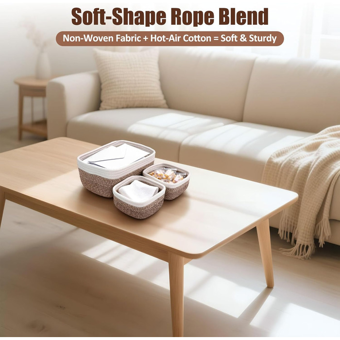 Невеликі кошики для зберігання з плетеної мотузки, 2 розміри, органайзер для шафи, полиці, книжкової полиці, дитячої кімнати, пеленального столика, тканинні коробки-кубики, прямокутні плоскі контейнери для ванної кімнати