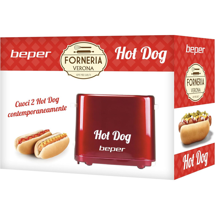 Машина для приготування хот-догів BEPER BT.150Y з 5 рівнями нагріву - машина для хот-догів у вінтажному дизайні, червона, 750 Вт для приготування на грилі