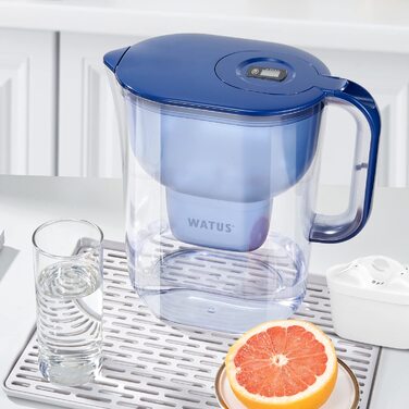 Фільтр для води Watus, синій глечик для фільтрації води, містить 4 картриджі Watus - глечик для фільтрування води (3,8 літра), фільтрація питної води для зменшення вмісту вапняку, хлору, свинцю та міді у водопровідній воді.