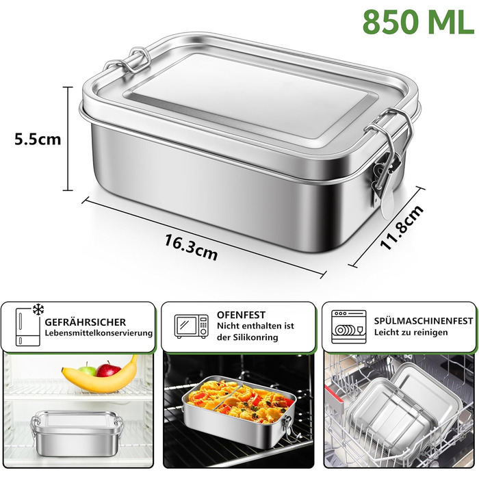 Металева ланч-бокс HaWare з роздільниками, 850 мл. Бенто-бокс з сумкою, для дітей та дорослих, герметичний контейнер для їжі зі знімною перегородкою для офісу/школи/пікніка. Можна мити в посудомийній машині, об'єм 850 мл.
