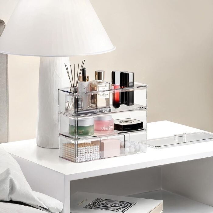 Рівневий органайзер для макіяжу, зберігання косметики з кришкою, контейнер для пензлів для макіяжу, органайзер для макіяжу для туалетного столика, ванна кімната, прозорий, 3-