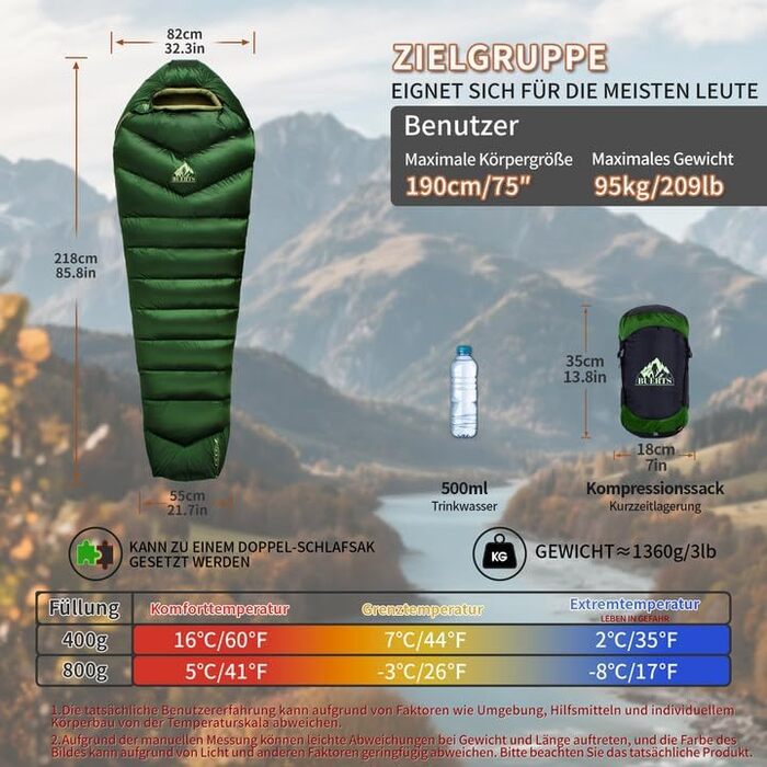 Пуховий спальний мішок для зими Ультралегкий, портативний та компактний зимовий спальний мішок для активного відпочинку, підходить для дорослих та дітей, кемпінгу, походів. Зелений 5