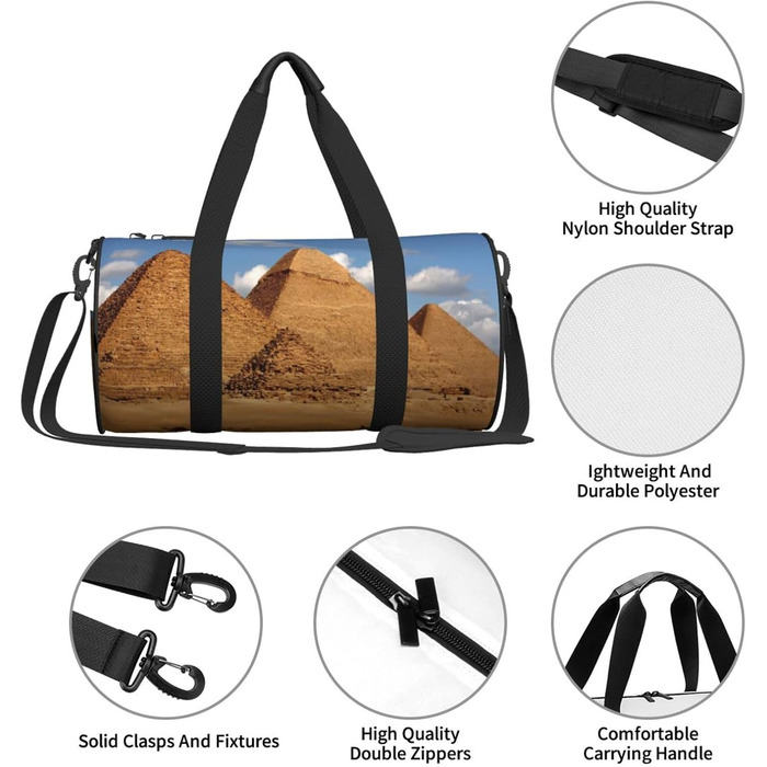 Спортивна сумка для подорожей, дизайн Стародавній Єгипет, принт з пірамідами, сумка на нічліг, чорна, універсальний розмір, дорожня сумка