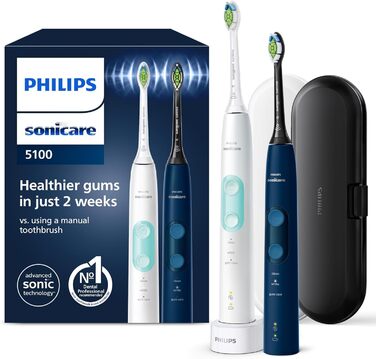 Електрична зубна щітка Philips Sonicare ProtectiveClean 5100, звукова зубна щітка з 3 режимами чищення, Clean and White, датчик тиску, таймер і дорожній футляр, білий і синій, 2 шт., модель HX6851/34