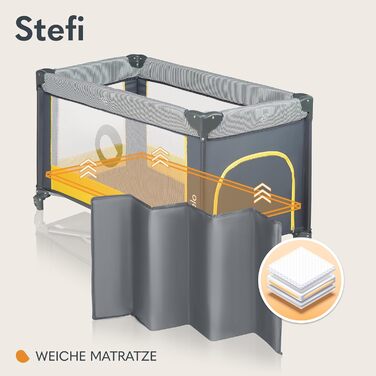 Дитяче ліжечко Lionelo Stefi, Дорожнє ліжечко від народження до 15 кг, Бічний вхід, Система безпеки LockGuard, Блокування коліс, Сумка для перенесення, Складане, Жовте