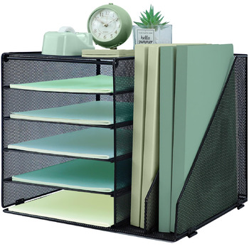 Рівневий настільний органайзер з 2 додатковими вертикальними папками для файлів, лоток для паперу, настільні лотки для паперу формату A4, тримач для журналів для домашнього офісу, чорний, 5 рівнів з 2 вертикальними папками, 5-