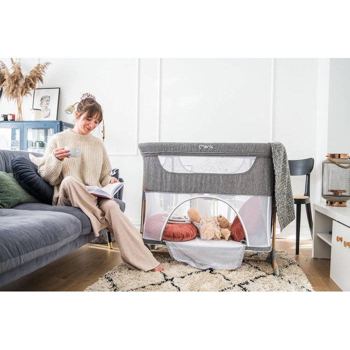 Дитяче ліжечко Momi SMART Bed 4-в-1 до 15 кг, приліжкове ліжечко для немовлят з матрацом, регульована висота, сірого кольору, одномісне