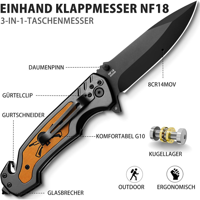 Рятувальний ніж NedFoss NF18, складний ніж 9,8 см з різаком для ременя та склорізом, кишеньковий ніж з фіксатором та шарикопідшипн