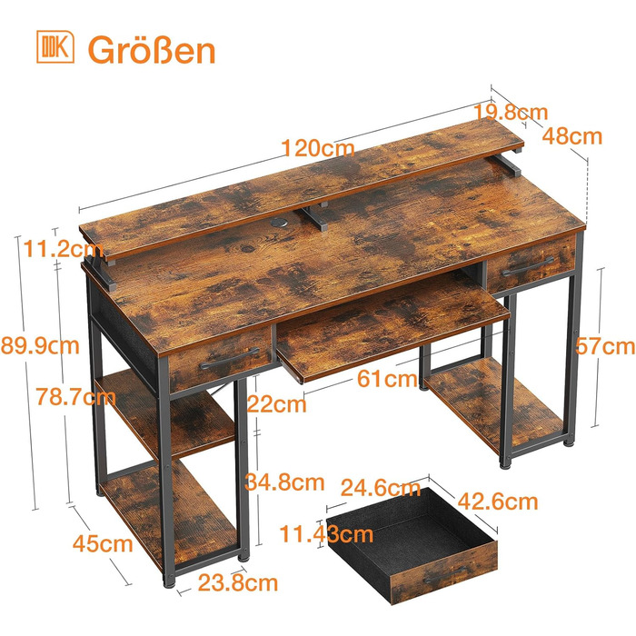 Стіл ODK, комп'ютерний стіл з висувними ящиками, 120x48x90см, дерев'яний стіл зі знімною полицею, офісний стіл з лотком для клавіа