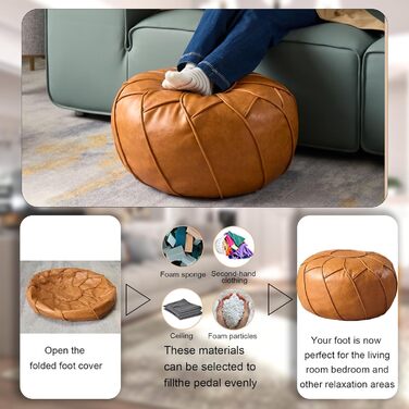 Чохол для пуфа Louis Donn без наповнювача - кругла пуф-подставка з місцем для зберігання, водонепроникне крісло-мішок зі штучної шкіри, підставка для ніг для вітальні, спальні, дитячої кімнати (помаранчевий) Orange-109