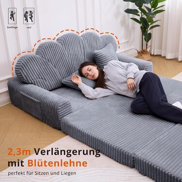 Місний розкладний диван IRONCK з функцією сну, диван-ліжко без кісток з вельвету та піни, диван-ліжко 153x267 см, розкладний диван-ліжко, 2 подушки та бічні кишені, диван-ліжко для вітальні-спальні, сірий темно-сірий, 2-