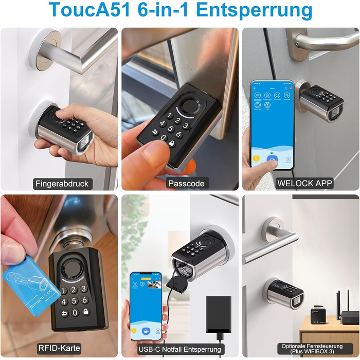 Дверний замок WELOCK ToucA51 із відбитками пальців, передні двері з кодовим замком із відбитками пальців, із додатком RFID-картки, дверний замок з електронним кодом, регульований запірний циліндр для дверей 3070 мм