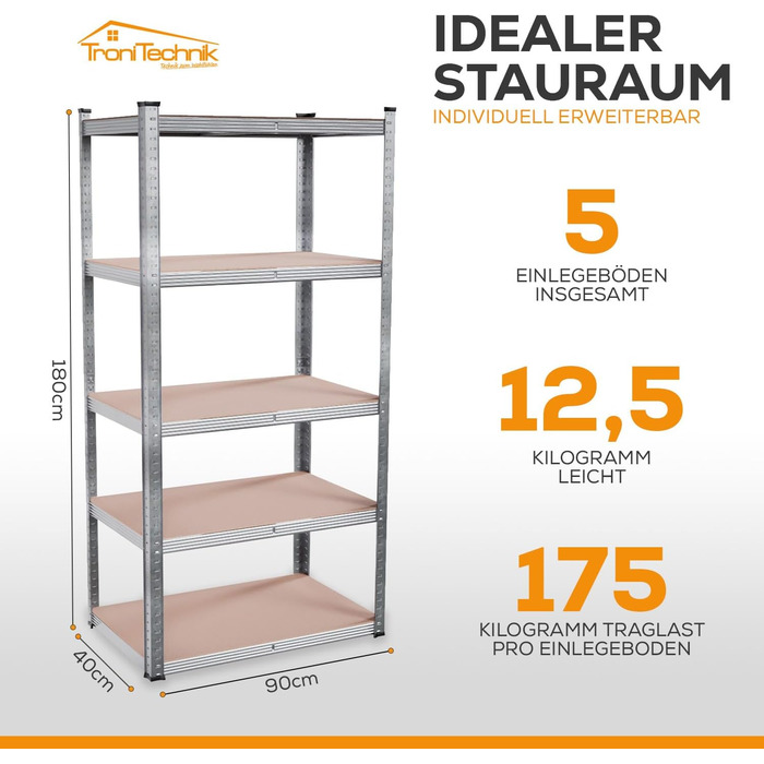 Надміцний стелаж, стелаж для зберігання, 40 x 90 x 180 см, стелаж зі сталевою рамою, вантажопідйомність до 875 кг кожен, 5 регульованих полиць, сріблястий СТАНДАРТ 90x180 см
