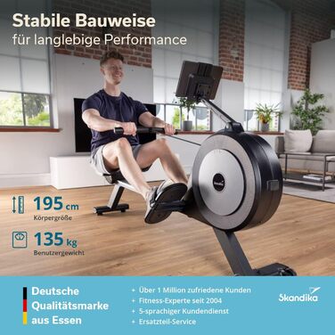 Домашній гребний тренажер Skandika Njord P6-G 32 рівні електричного опору, магнітне гальмо, Bluetooth, світлодіодний дисплей, тихий та низький рівень обслуговування, сумісний із додатком Kinomap, самогенеруючий гребний тренажер, сірий