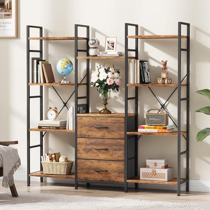 Книжкова полиця 100Ш x 142В см з 4 тканинними шухлядами, окремостояча книжкова полиця, кухонна полиця для вітальні, офісу, балкону, кубічна книжкова полиця, кухонна полиця для зберігання, книжкова шафа, індустріальний дерев&39яний стиль, 4 рівні - 100 см,