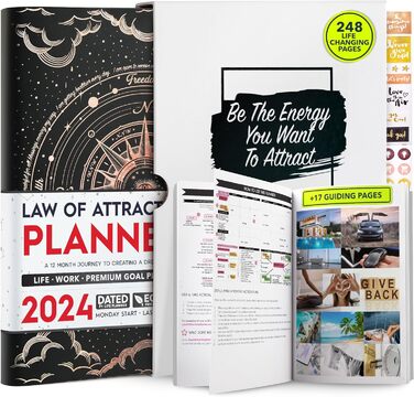 Недатований тижневий і місячний планувальник Deluxe, 12-місячна подорож для підвищення продуктивності та щастя, Організатор життя, Журнал подяки, Планувальник закону тяжіння (BLACK COMPASS, B5)