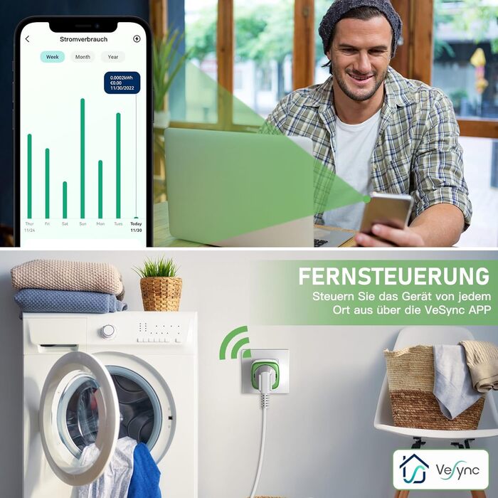 Розетка WLAN з вимірюванням потужності - додаток GreenSun VeSync Розетка WLAN Таймер Розетка Вимірювач вартості електроенергії Голосове керування за допомогою таймера/розкладу Alexa Розетка Wi-Fi 16A