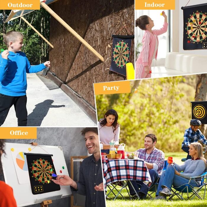 Магнітна мішень для дартсу LiRiQi для дітей з 12 безпечними дротиками, ігри для приміщень та вулиці для дітей/дорослих, двостороння мішень для дозвілля та спорту, подарунки для дітей 4-12 років, 38 см, 2 гачки