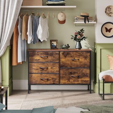 Комод WLIVE з 6 тканинними шухлядами, комод для спальні, комод для вітальні, з міцним сталевим каркасом, дерев&39яна стільниця, вінтажний коричнево-чорний