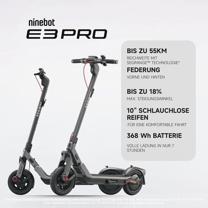 Електросамокат з допуском до експлуатації в Німеччині, запас ходу 55 км в еко-режимі, запас ходу 47 км в спортивному режимі, передня та задня підвіски, двигун потужністю 800 Вт, складається, 17,9 кг, 10-дюймові шини, IPX5, 3 Pro D