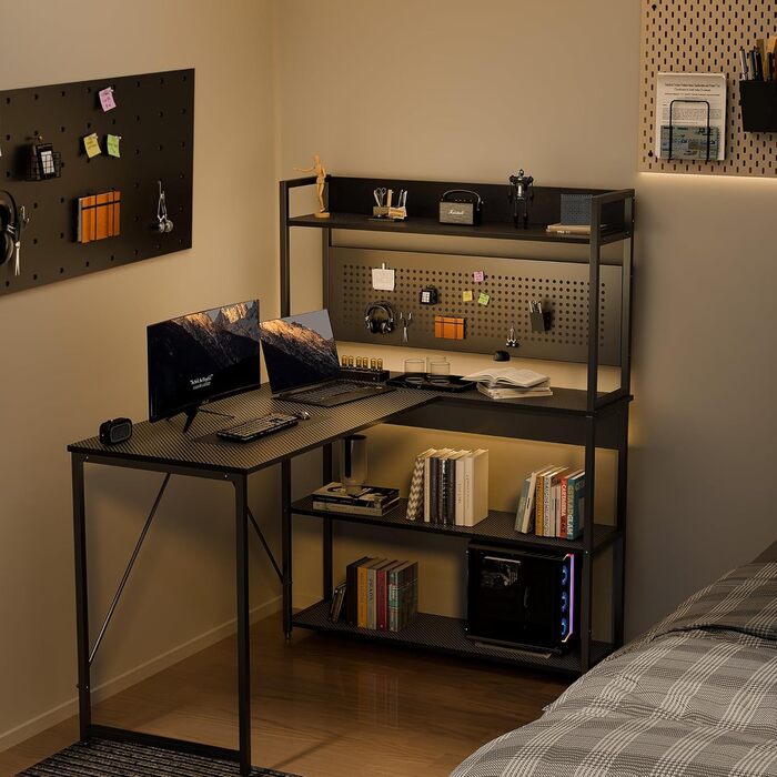 Г-подібний стіл Yansee, ігровий стіл з полицею, світлодіодне освітлення, порт зарядки USB, порт Type-C та розетка, кутовий стіл для домашнього офісу 120 x 50 x 75,5 см, чорний