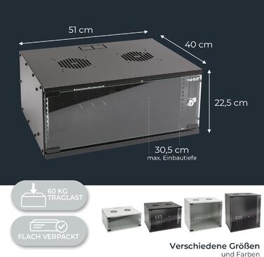 Мережева шафа HMF 65704-02, серверна шафа 19 дюймів 4U Глибина 400 мм скляні двері чорний 4U чорний