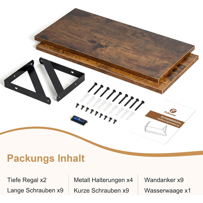 Плаваюча полиця, глибина 20 см, настінна полиця шириною 40 см, комплект із 2 настінних полиць з металевими кронштейнами, книжкова полиця з ДСП для ванної кімнати, вітальні, кухні, вінтажно-коричневий колір, 40 x 20 x 12,5 см