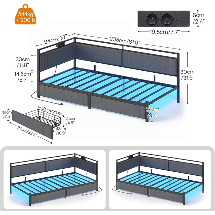 Диван-ліжко HOOBRO 90 x 200 см з 2 шухлядами, рейкова основа, каркас ліжка, м&39яке ліжко із зарядною станцією та світлодіодним освітленням, м&39яке ліжко, односпальне ліжко, для спальні, сірий та чорний EBG81CDBF01