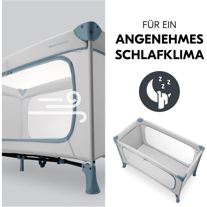 Дитяче дорожнє ліжечко з сумкою для перенесення - Великий отвір для гри - Компактно складається - Дитяче дорожнє ліжечко для малюків від народження до 15 кг Dream N Play Plus Dusty Blue