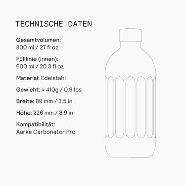Пляшка для води Aarke To-Go з нержавіючої сталі для негазованих та газованих напоїв, сумісна з Carbonator Pro, з подвійними стінками та вакуумною ізоляцією, герметична та придатна для миття в посудомийній машині, 800 мл