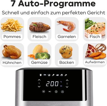 Аерофритюрниця ProfiCook 8 л Безмасляне приготування Airfryer з 7 програмами XXL-модель з мінімумом диму та запахів PC-FR 1269 H, нержавіюча сталь *Модель 2024*
