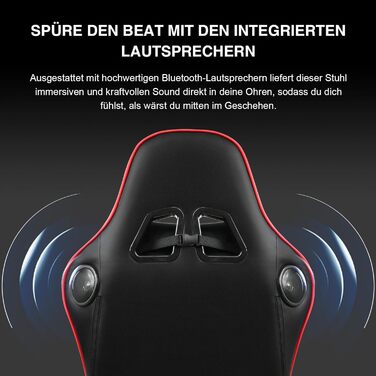 Ігрове крісло з підставкою для ніг, динаміками та Bluetooth для музики. Ергономічне офісне крісло для комп'ютера, чорно-червоне, 84 x 65 x 29 см (Д x Ш x В)