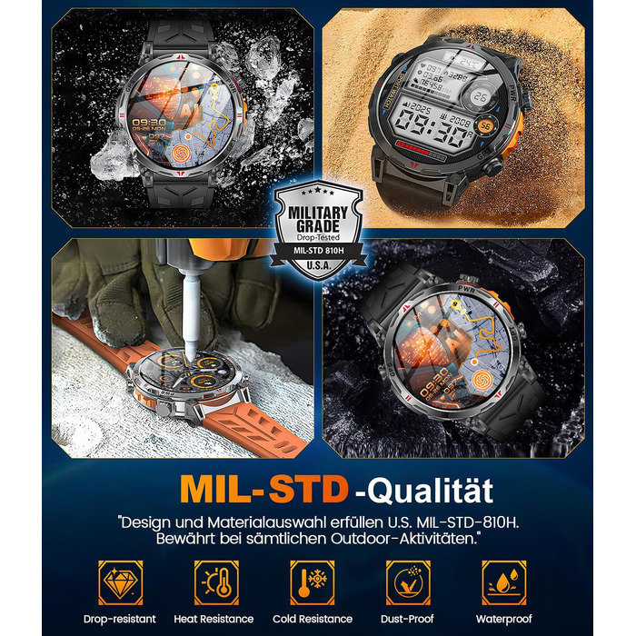 Військовий смарт-годинник для чоловіків, спортивний GPS-годинник з 1,6-дюймовим AMOLED HD-дисплеєм, функціями телефону/чату/GPT/AI/5 спортивних режимів GPS/100 спортивних режимів, фітнес-годинник для Android та iOS (чорний)