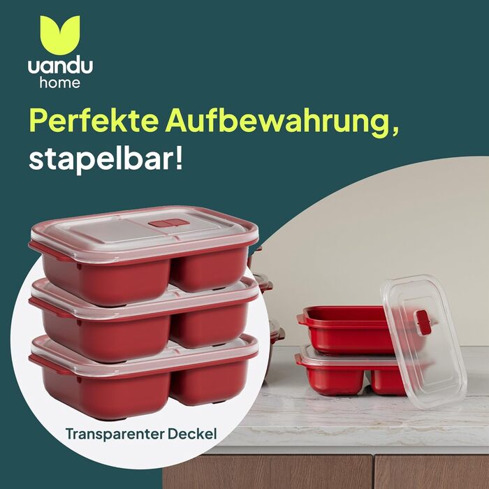 Контейнери для зберігання продуктів uandu з кришками, 2 відділення, набір з 3 предметів для мікрохвильової печі, герметичні контейнери для зберігання продуктів, коробки для приготування їжі, пластикові коробки без BPA з кришками, червоні, 3 x 1200 мл