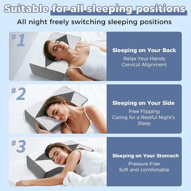 Подушка з піни з ефектом пам&39яті для болю в шиї та плечах, ортопедична подушка для підтримки шиї для сну, регульована ергономічна подушка для сну на боці, спині та животі - порожниста конструкція, сірий та білий