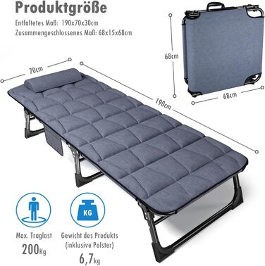 Складаний шезлонг з 4 регульованими положеннями спинки, портативна універсальна комбінація кемпінгового ліжка/шезлонга для саду, басейну, патіо, м&39який матрац та подушки - синій