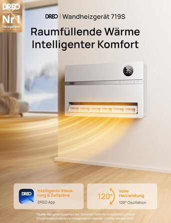 Розумний електричний обігрівач Dreo, настінний конвекторний обігрівач потужністю 2000 Вт з пультом дистанційного керування та застосунком, коливання 120, 5 режимів, 3 швидкості, 24-годинний таймер, енергозберігаючий керамічний обігрівач PTC з термостатом