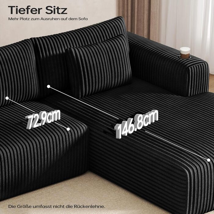 Модульний диван DURASPACE, диван Cloud Boneless з глибоким сидінням, підсклянником, піною з ефектом пам&39яті, L-подібний вельветовий диван, розкладний диван-ліжко для вітальні та спальні, не потребує складання, шезлонг праворуч