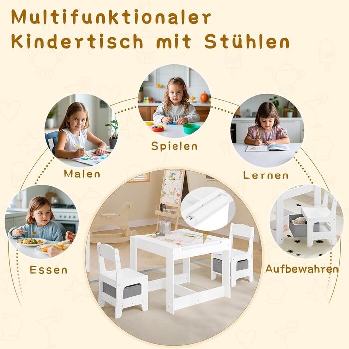 Дитячий стіл Lestaraiin з 3 предметів та 2 стільцями, дитяча група сидінь, комплект дитячих меблів з місцем для зберігання, художній стіл для дошкільнят, стільниця з дошкою для малювання та рулоном паперу, для дитячої кімнати/ігрової кімнати, білий
