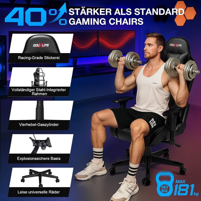 Ігрове крісло Douxlife, з 7-точковим масажем, підставкою для ніг, ергономічне офісне крісло, регульована спинка 90-175, регульовані 2D підлокітники, ігрове крісло для ПК, 150-180 кг, насичено-чорне