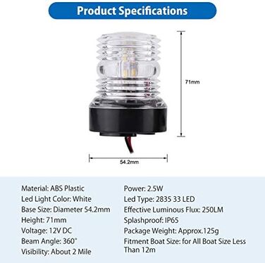 Морський якірний ліхтар Keenso, 12 В 360 білий світлодіодний якірний ліхтар водонепроникний човен Світлодіодний навігаційний ліхтар верхнє світло для всіх човнів до 12 м