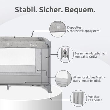 Дитяче ліжечко Lorelli Baby Travel Cot, 2 в 1, дитяче ліжечко та манеж Carina, дитяче ліжечко від народження до 15 кг, складне, включаючи сумку для транспортування, сірий