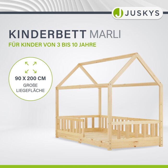 Дитяче ліжко Juskys Marli 90 x 200 см із захистом від падіння, рейковою основою та дахом - Ліжко-будиночок з масиву дерева для дітей - Ліжко натурального коричневого кольору