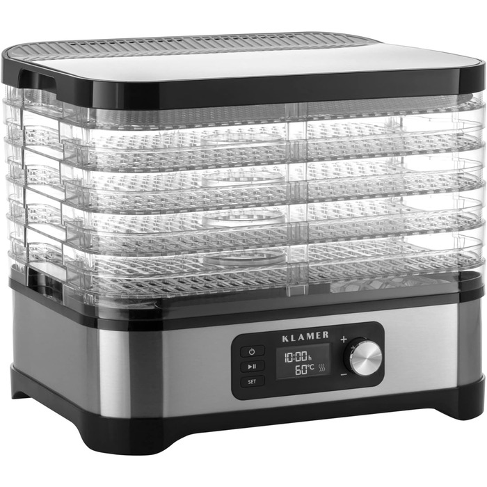 Дегідратор KLAMER 400 Вт, 24-годинний таймер і регулятор температури 35-70C, 5 вставок, що регулюються по висоті, сушарка з облицюванням з нержавіючої сталі, без BPA
