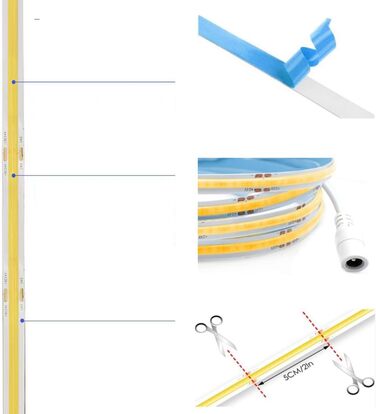 М (2 шт. 5м) COB світлодіодна стрічка тепла біла 3000K, стрічка з регулюванням яскравості 24 В 8 мм, керована Bluetooth APP, самоклеюча, гнучка світлова стрічка з джерелом живлення Радіочастотний пульт дистанційного керування 10 м теплий білий 3000K, 10